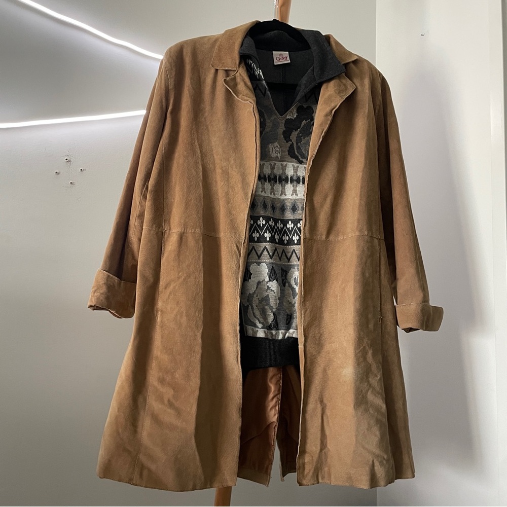 Dialogue Leather Suede Open Trench Coat Vintage